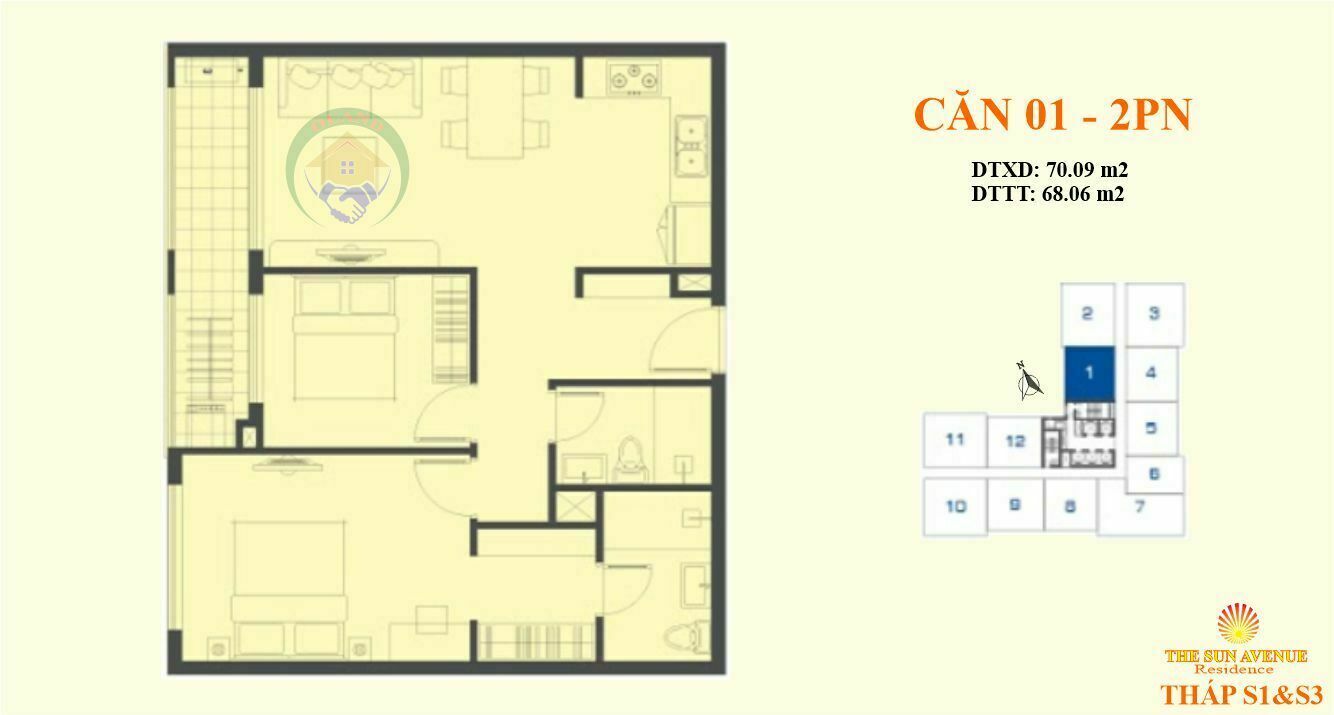 Mặt bằng (layout) căn hộ 01 tháp s1 & S3 the sun avenue - Mai Chí Thọ
