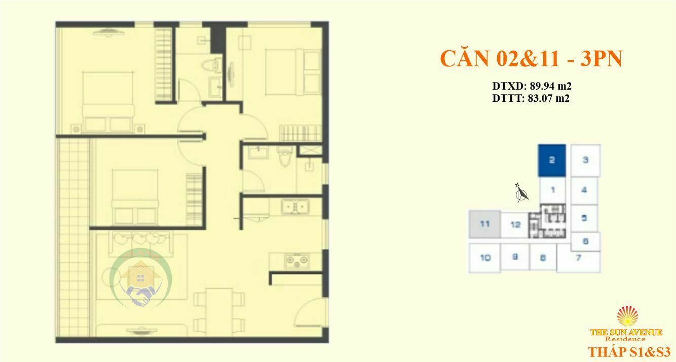 Mặt bằng (layout) căn hộ 02&11 tháp S1&S3 - The Sun Avenue, Mai Chí Thọ - 2PN
