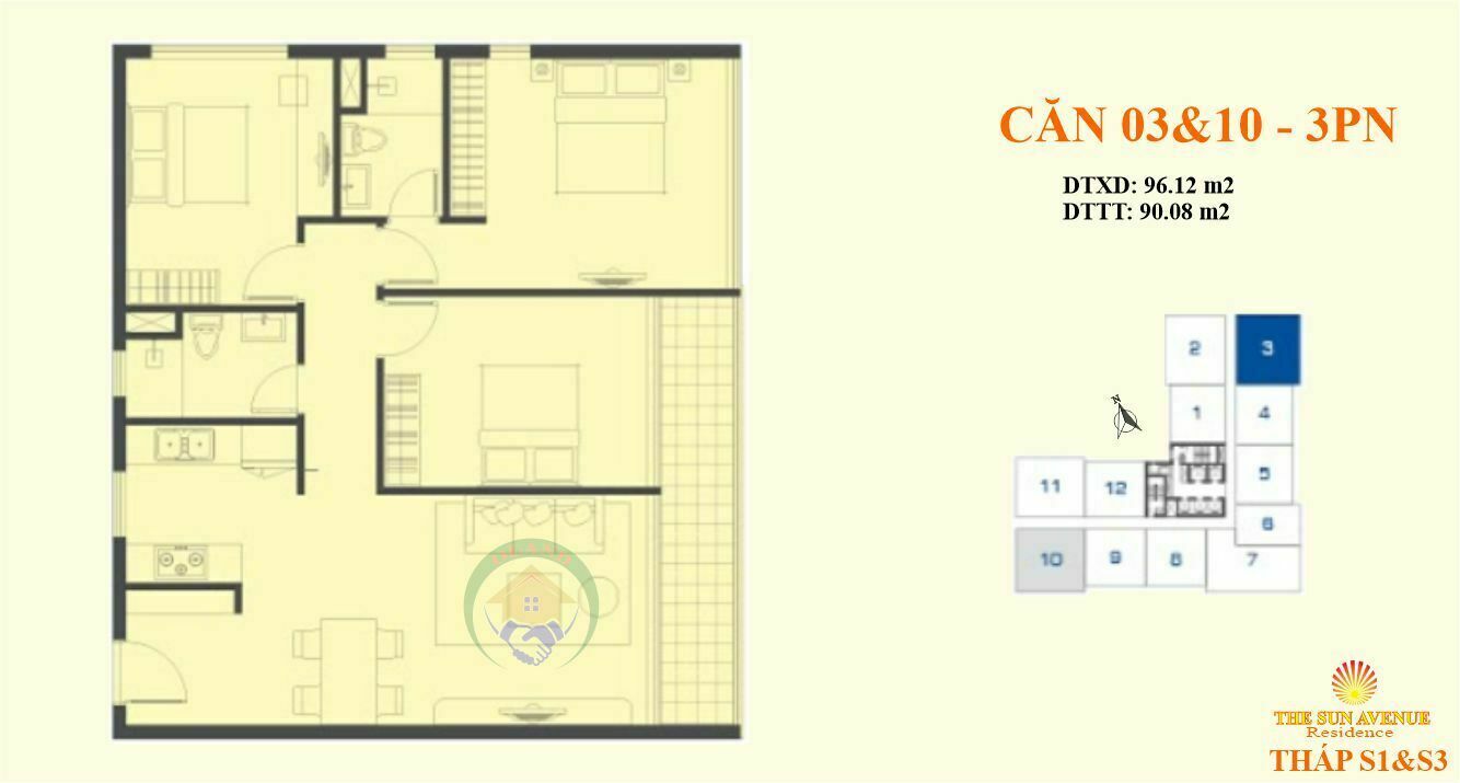 Mặt bằng (layout) căn hộ 03&10 tháp S1&S3 - The Sun Avenue, Mai Chí Thọ - 3PN