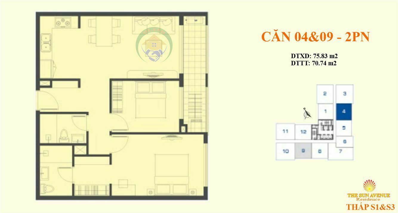 Mặt bằng (layout) căn hộ 04&09 tháp S1&S3 - The Sun Avenue, Mai Chí Thọ - 2PN