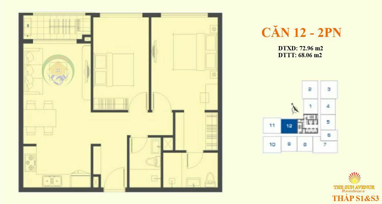 Mặt bằng (layout) căn hộ 12 (3Pn) tháp S1&S3 - The Sun Avenue, Quận 2