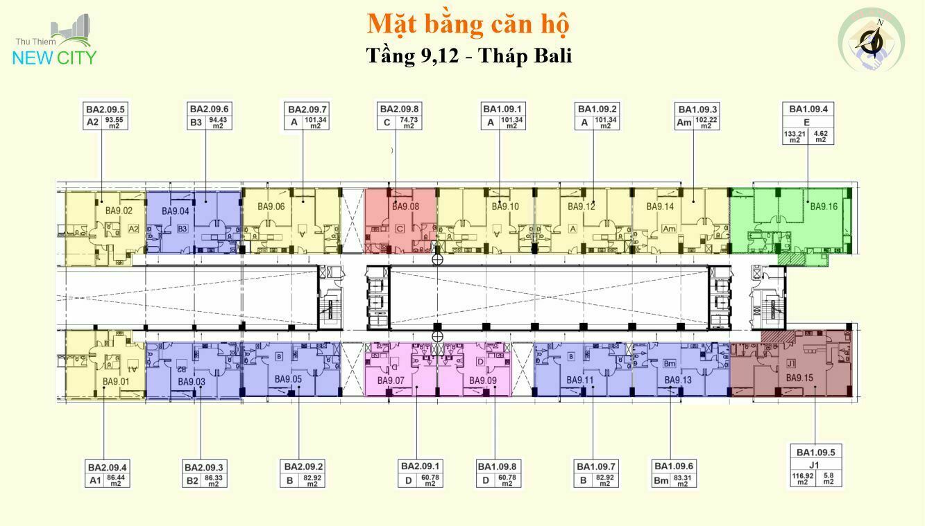 Mặt bằng (layout) căn hộ tầng 9,12 - tháp Bali - Chung cư New City Thủ Thiêm, Bình Khánh