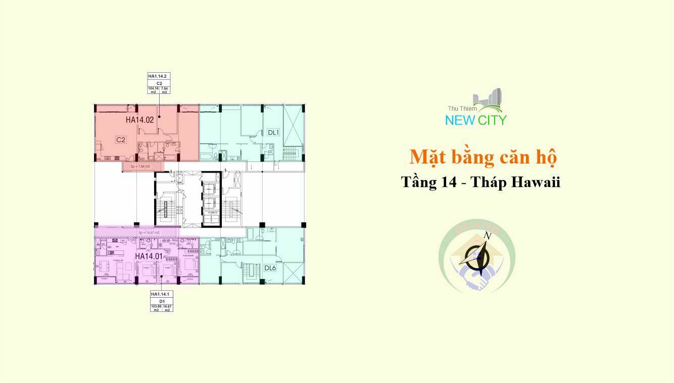 Mặt bằng (layout) căn hộ tầng 14 - tháp Hawaii - dự án New City Thủ Thiêm, Quận 2