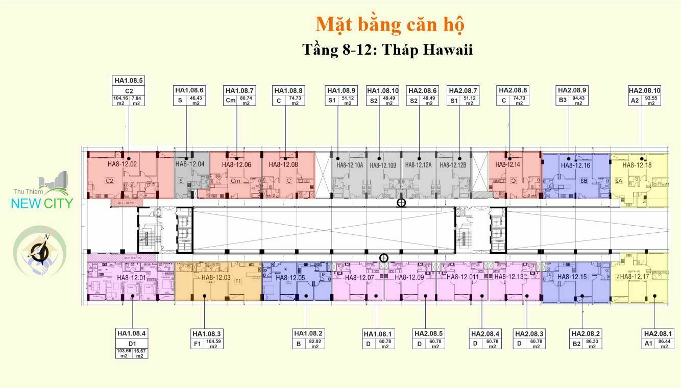 Mặt bằng (layout) căn hộ tầng 8-12 - tháp Hawaii - dự án New City Thủ Thiêm, Bình Khánh