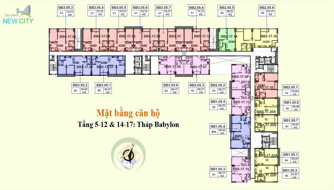 Mặt bằng (layout) căn hộ tầng 5-12 và 14-17 - tháp Babylon - New City Thuận Việt