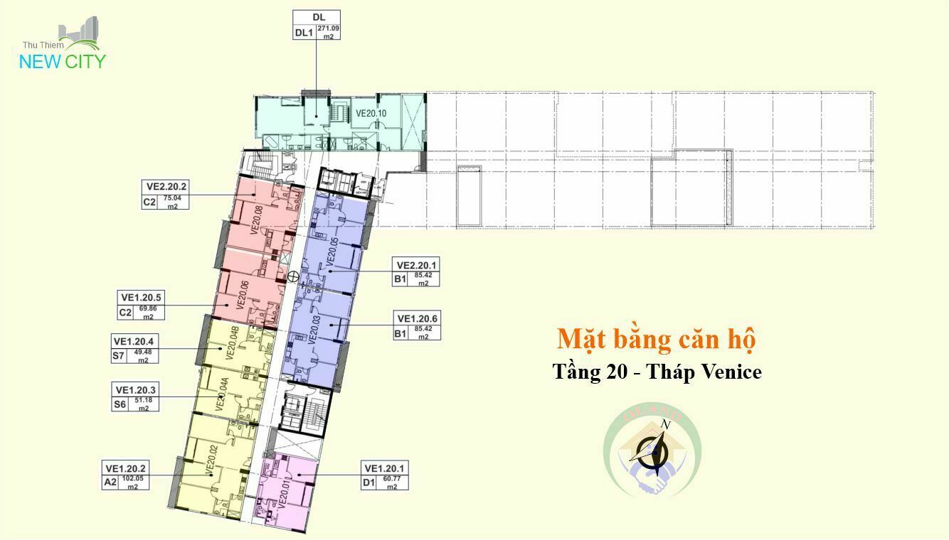 Mặt bằng (layout) căn hộ tầng 20 - tháp Venice - New City Thủ Thiêm, Thủ Đức
