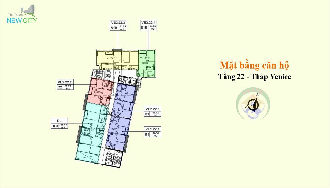 Mặt bằng (layout) căn hộ tầng 22 - tháp Venice - Dự án New City Thủ Thiêm