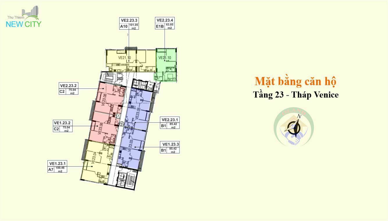 Mặt bằng (layout) căn hộ tầng 23 - tháp Venice - Dự án New City Thủ Thiêm