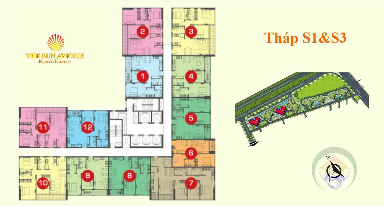 Mặt bằng (layout) căn hộ tháp 1-3 dự án căn hộ chung cư The Sun Avenue - Novaland