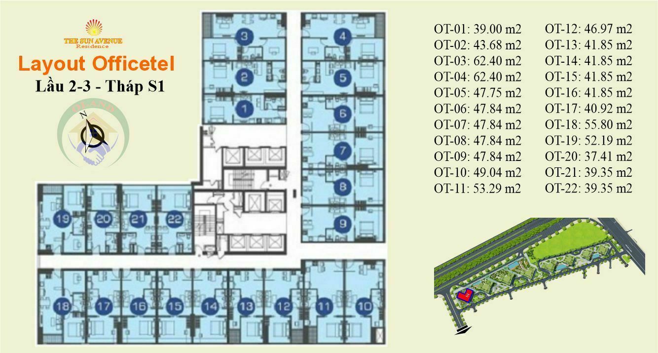 Mặt bằng (layout) oficetel lầu 2,3 tháp S1 - the sun avenue, novaland