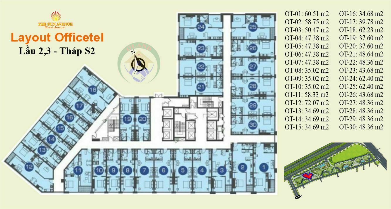 Mặt bằng (layout) oficetel lầu 2,3 tháp S2 - the sun avenue, novaland