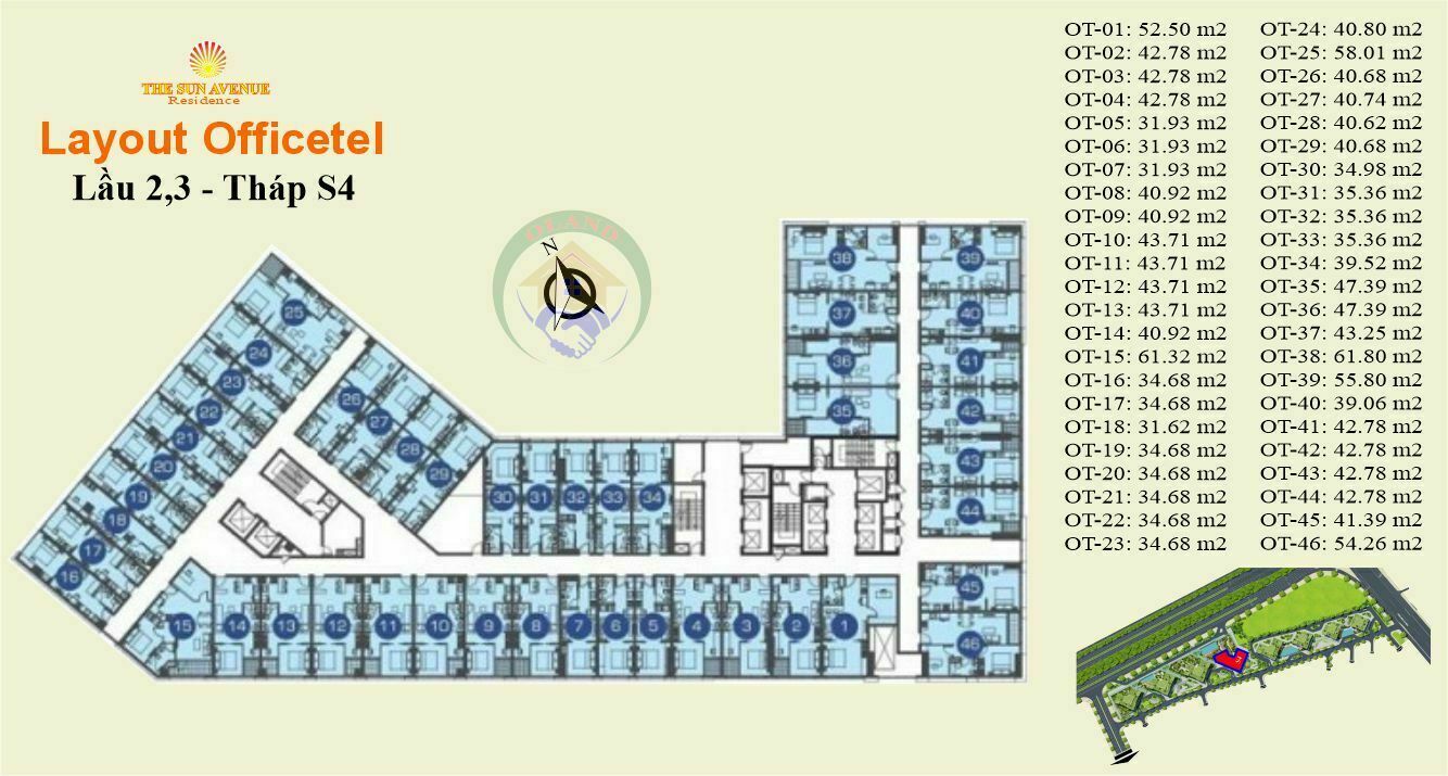 Mặt bằng (layout) oficetel lầu 2,3 tháp S4 - the sun avenue, 28 Mai Chí Thọ