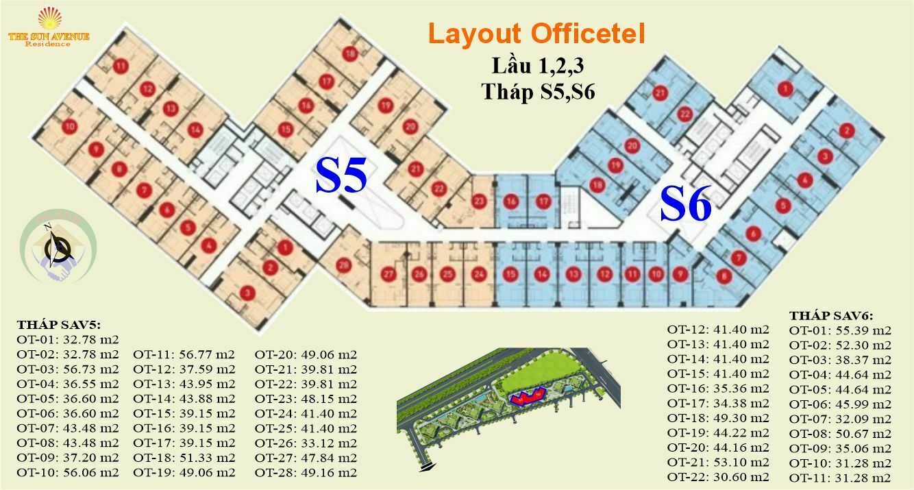 Mặt bằng (layout) oficetel lầu 1,2,3 tháp S5&S6 - dự án the sun avenue, 28 Mai Chí Thọ
