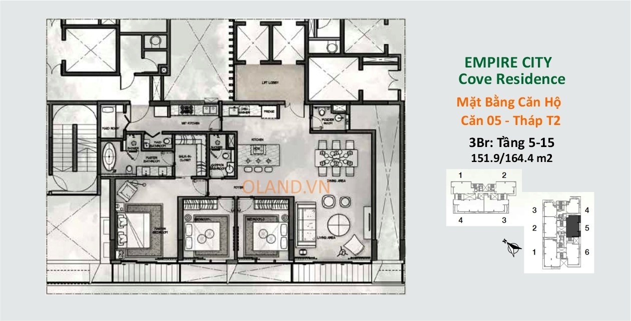 layout căn hộ 3 phòng ngủ empire city cove residence thủ thiêm tòa t2 căn 05
