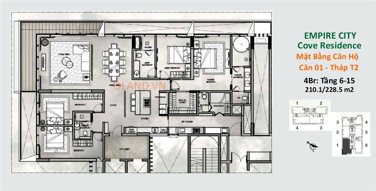 layout căn hộ 4 phòng ngủ empire city cove residence thủ thiêm tòa t2