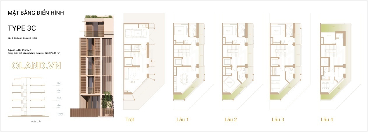 Mặt bằng chi tiết mẫu 3C 140.9m2 nhà phố SoHo Masterise Homes