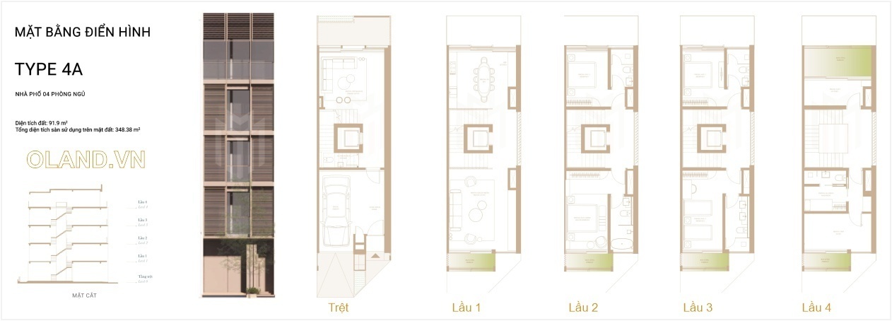 Mặt bằng chi tiết mẫu 4A 91.9m2 nhà phố SoHo Masterise Homes Thủ Đức