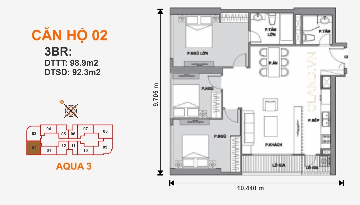 Mặt bằng (layout) căn hộ 02 oficetel Aqua 3 Vinhome Golden River quận 1
