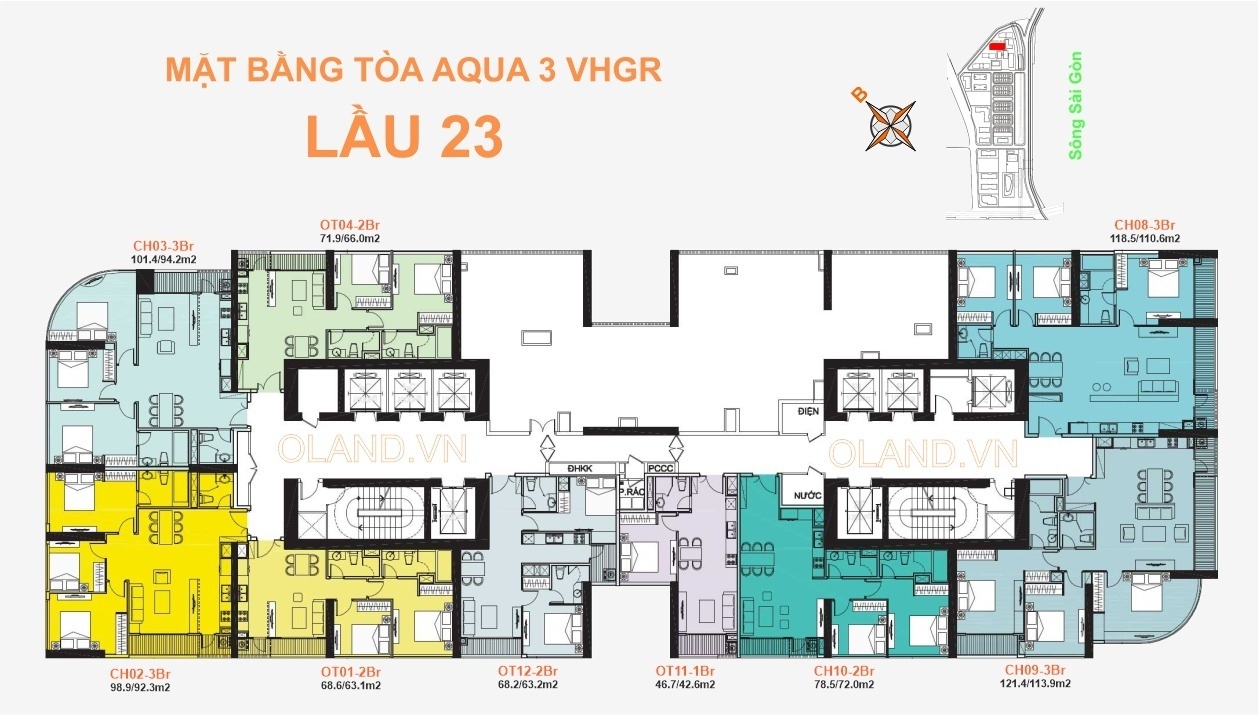 mặt bằng (layout) căn hộ tòa aqua 3 vinhome golden river tầng 23