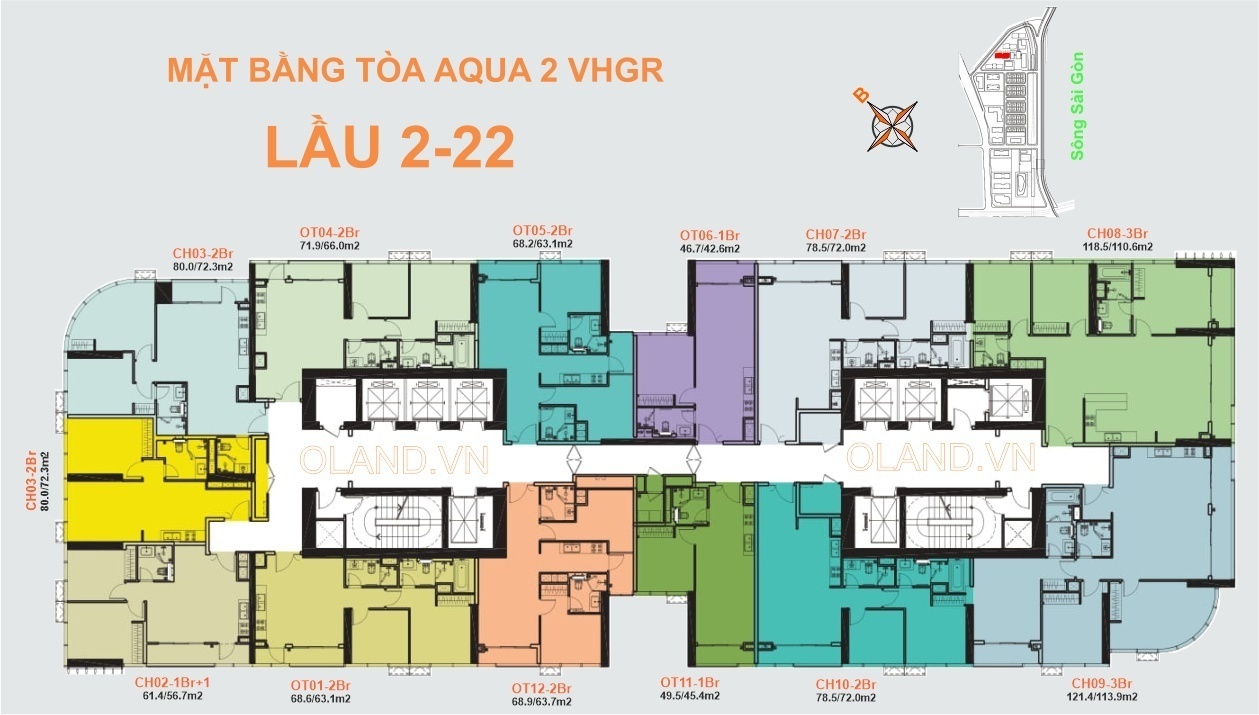 mặt bằng (layout) tầng 2-22 căn hộ tòa aqua 2 vinhomes golden river
