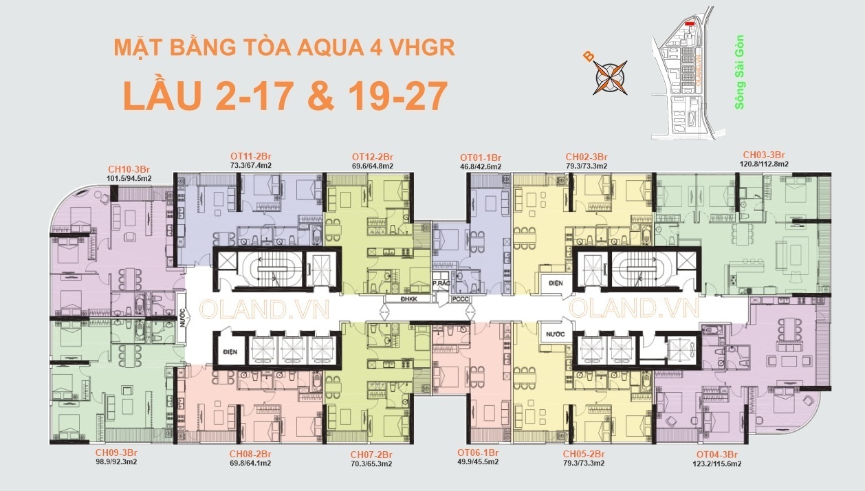 mặt bằng (layout) tầng 2-17 & 19-27 tháp aqua 4 vinhomes bason