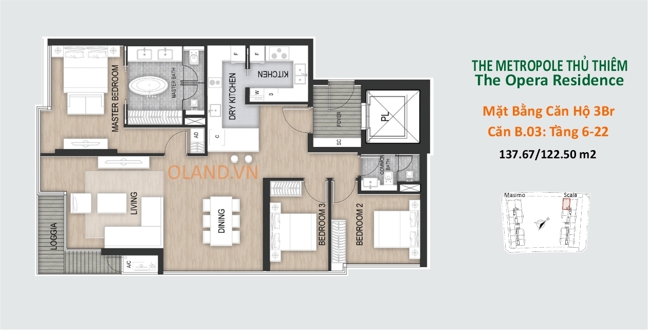 layout căn hộ 3pn dự án metropole opera sơn kim land căn b03