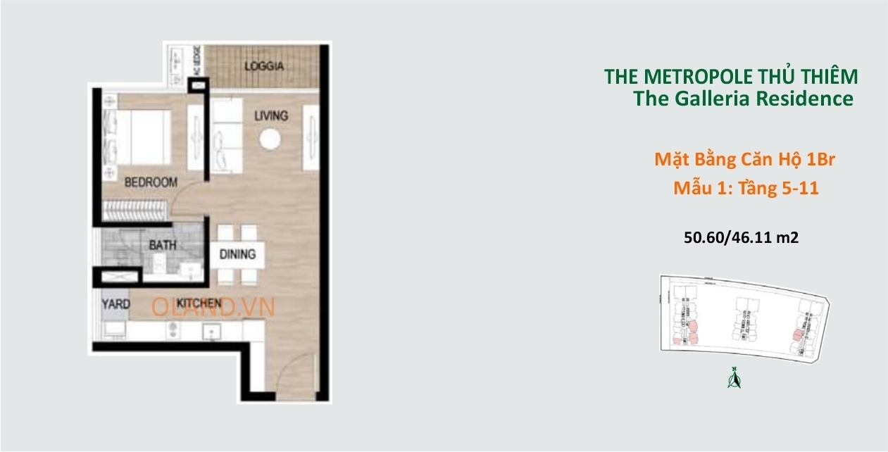 layout mặt bằng căn hộ 1 phòng ngủ tầng 5-11 mẫu 1 the metropole thủ thiêm quận 2
