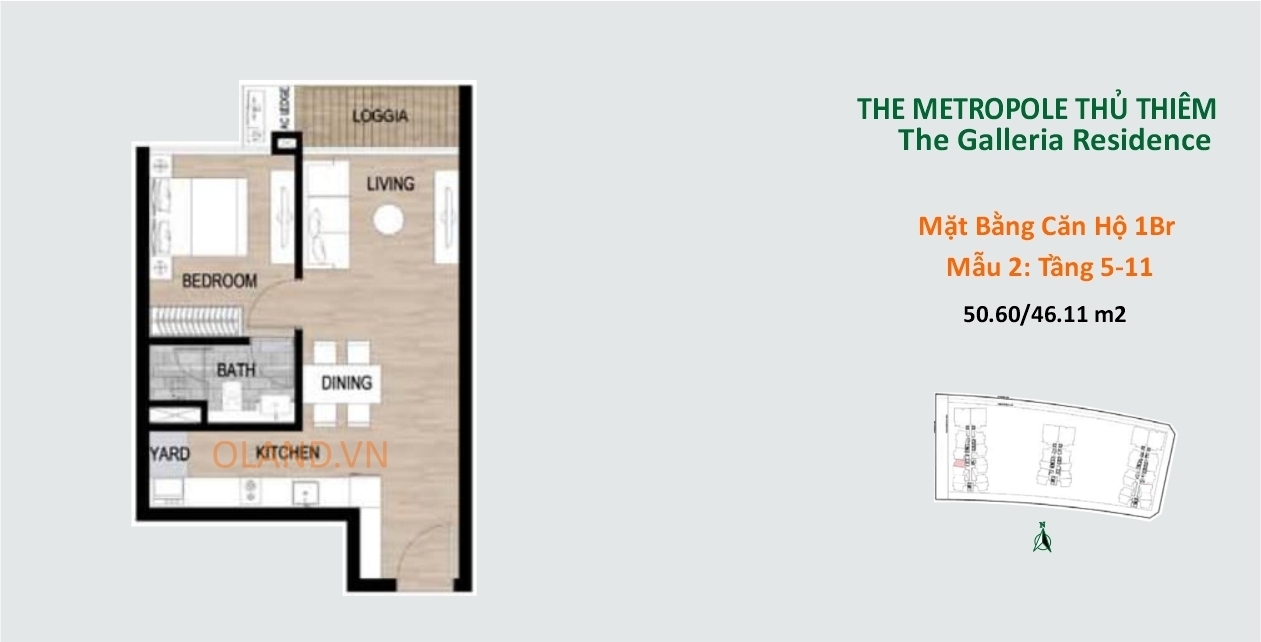 layout mặt bằng căn hộ 1 phòng ngủ tầng 5-11 mẫu 2 the metropole thủ thiêm quận 2