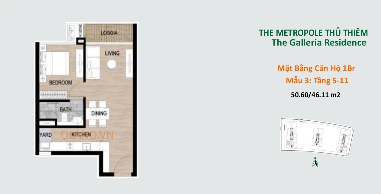 layout mặt bằng căn hộ 1 phòng ngủ tầng 5-11 mẫu 3 the metropole thủ thiêm quận 2