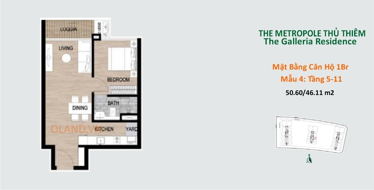 layout mặt bằng căn hộ 1 phòng ngủ tầng 5-11 mẫu 4 the metropole thủ thiêm quận 2