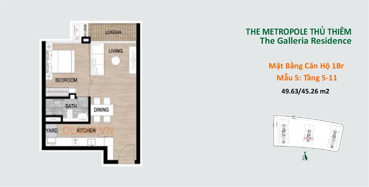layout mặt bằng căn hộ 1 phòng ngủ tầng 5-11 mẫu 5 the metropole thủ thiêm quận 2
