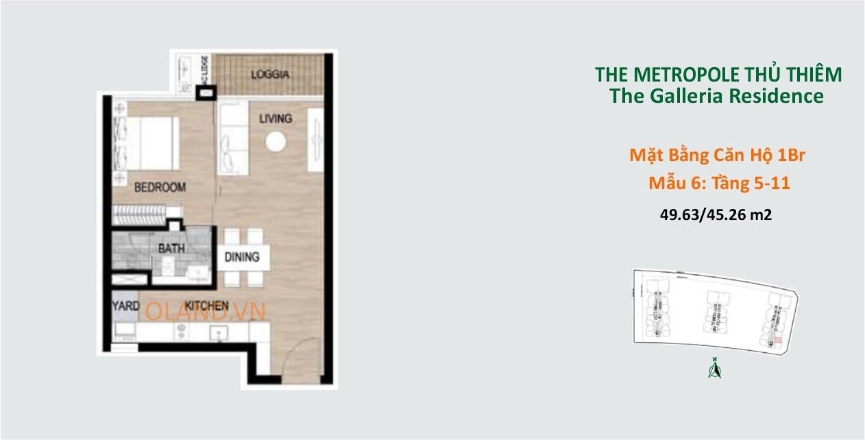 layout mặt bằng căn hộ 1 phòng ngủ tầng 5-11 mẫu 6 the metropole thủ thiêm quận 2