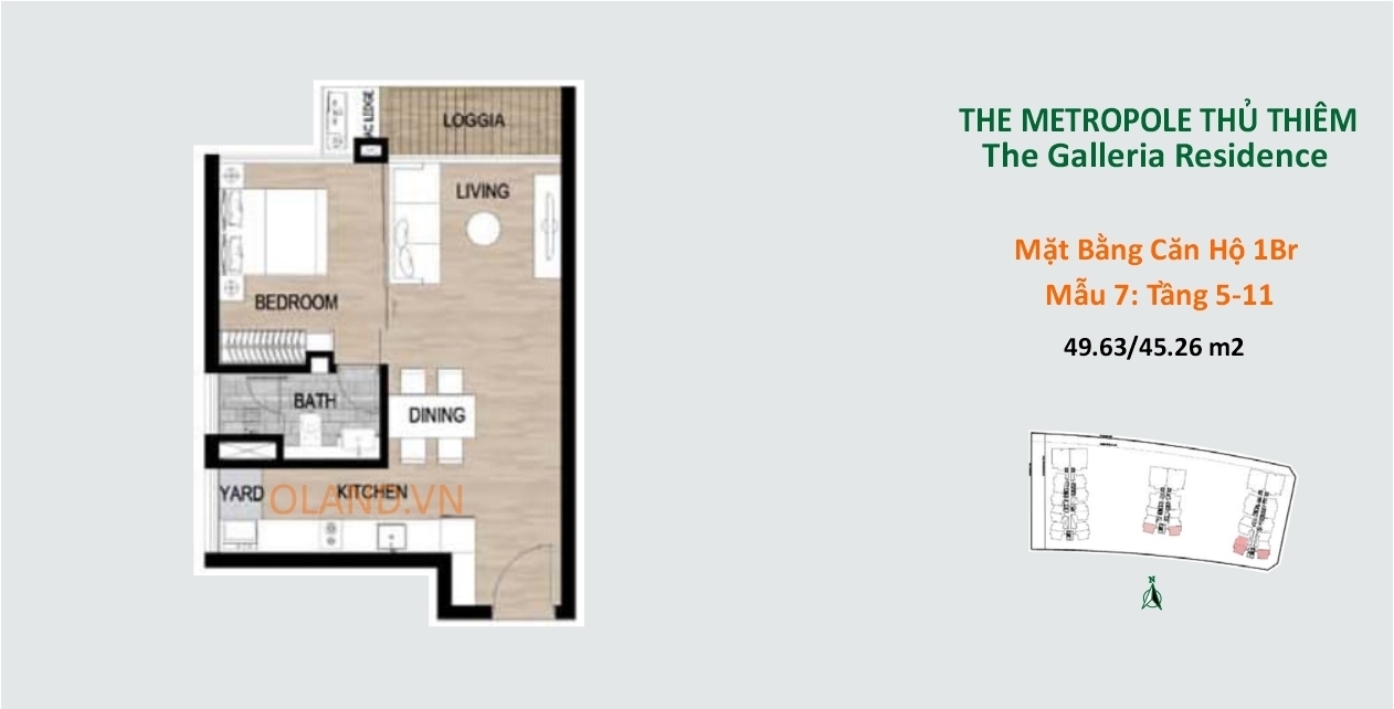 layout mặt bằng căn hộ 1 phòng ngủ tầng 5-11 mẫu 7 the metropole thủ thiêm quận 2