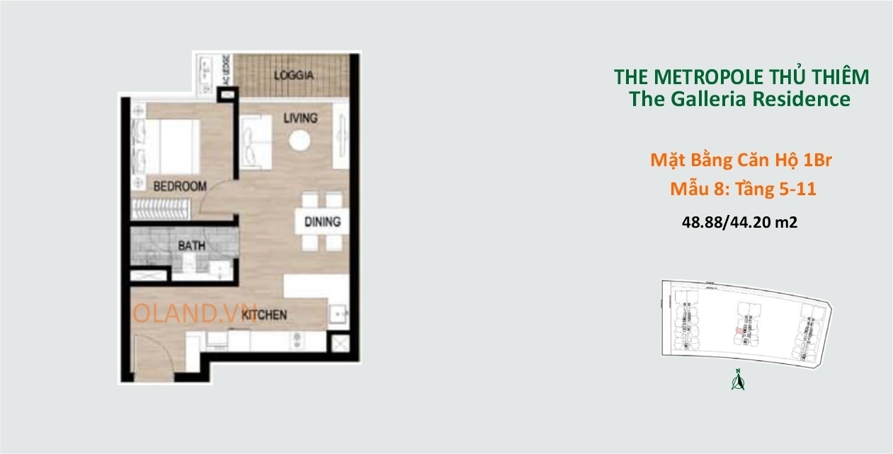 layout mặt bằng căn hộ 1 phòng ngủ tầng 5-11 mẫu 8 the metropole thủ thiêm quận 2