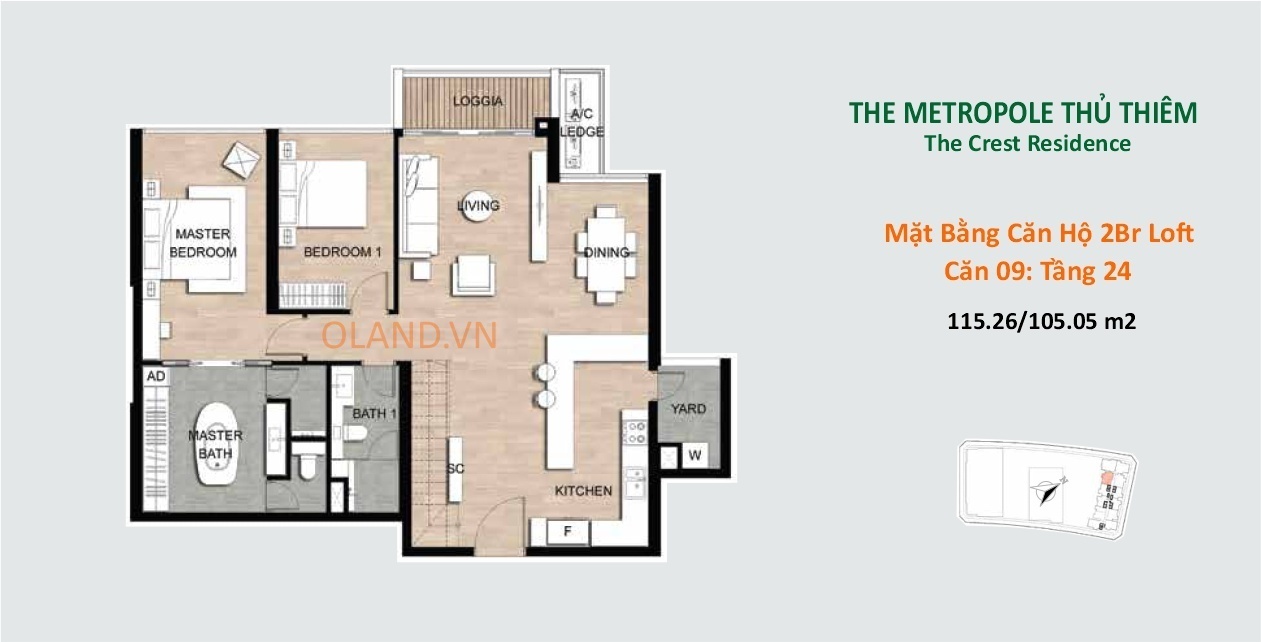 layout mặt bằng căn hộ 2 br loft giai đoạn 2 metropole sơn kim land căn 09