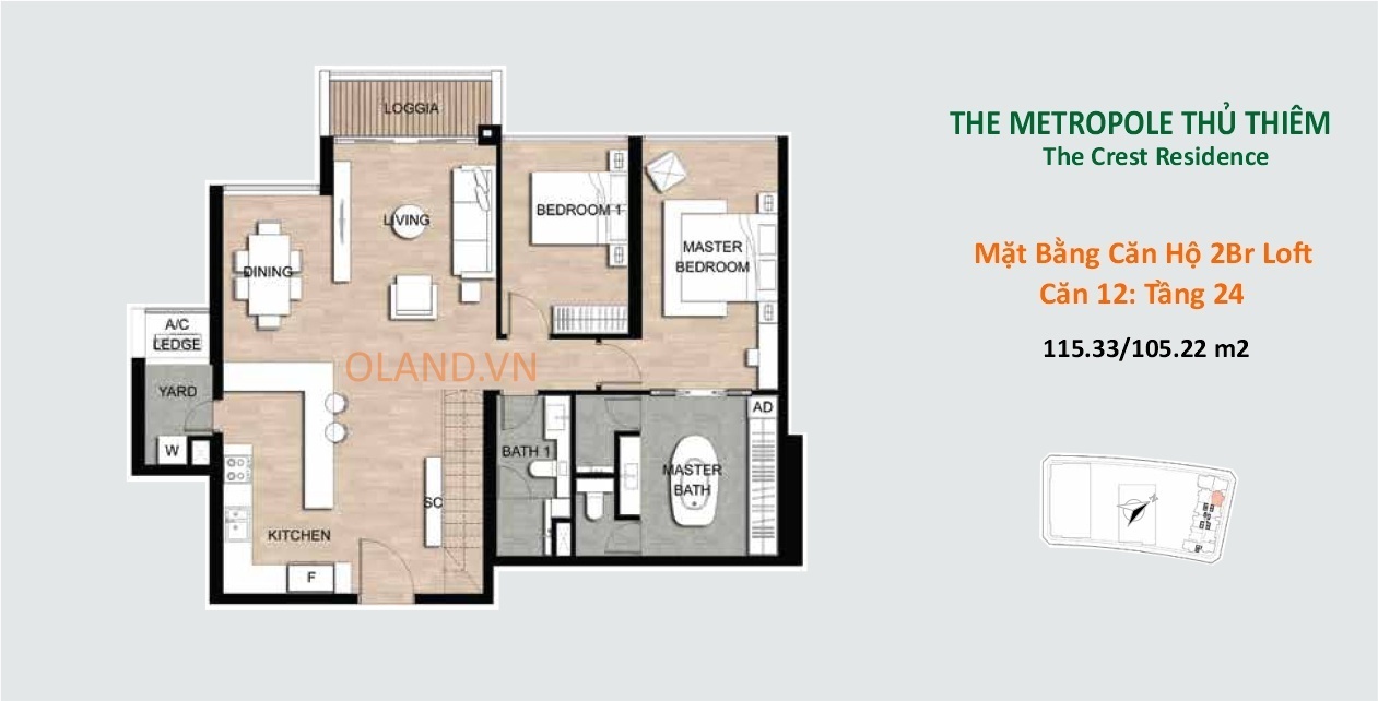 layout mặt bằng căn hộ 2 br loft giai đoạn 2 metropole sơn kim land căn 12