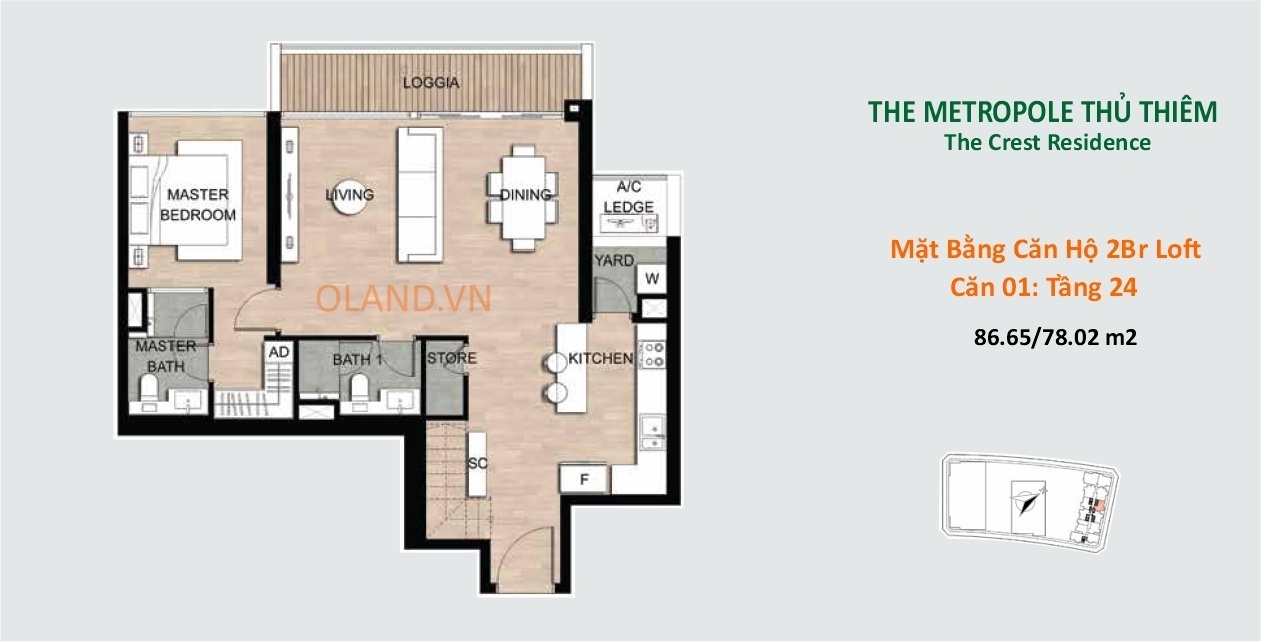 layout mặt bằng căn hộ 2 br loft the srest metropole thủ thiêm căn 01