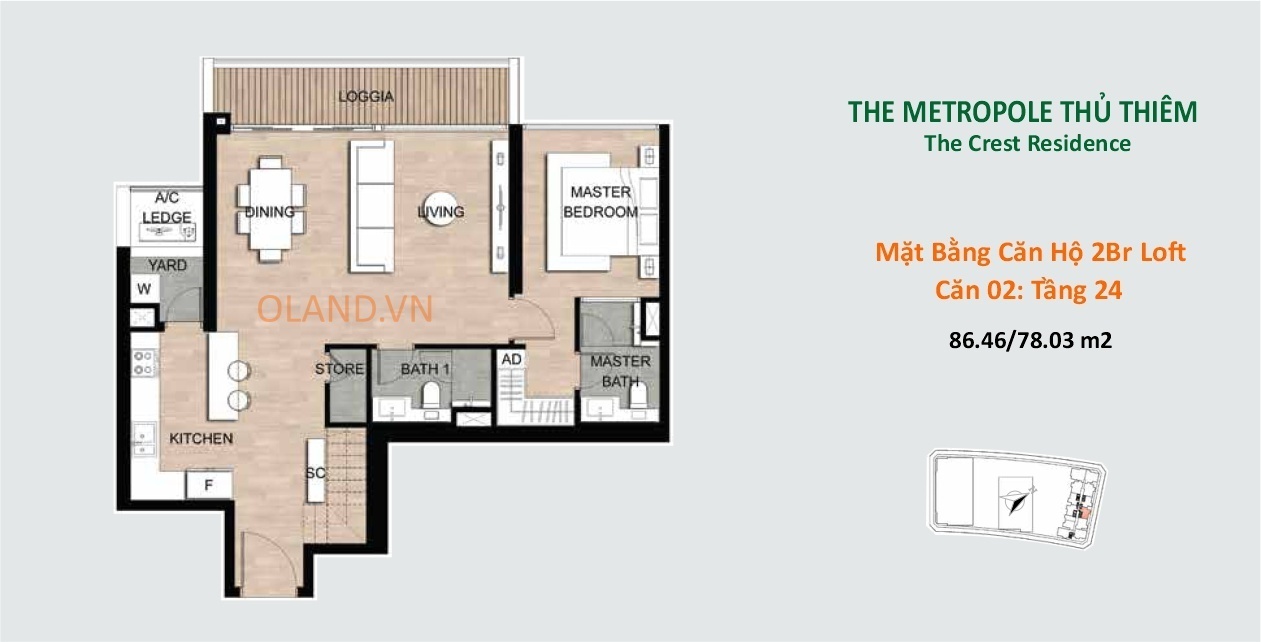 layout mặt bằng căn hộ 2 br loft the srest metropole thủ thiêm căn 02