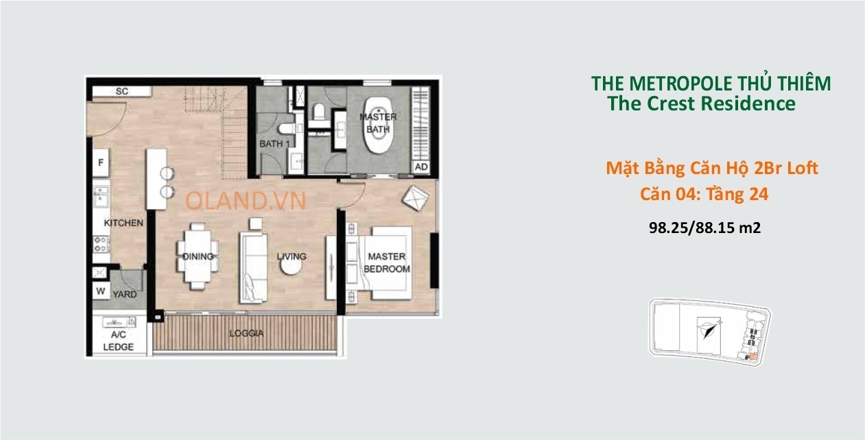 layout mặt bằng căn hộ 2 br loft the srest metropole thủ thiêm căn 04