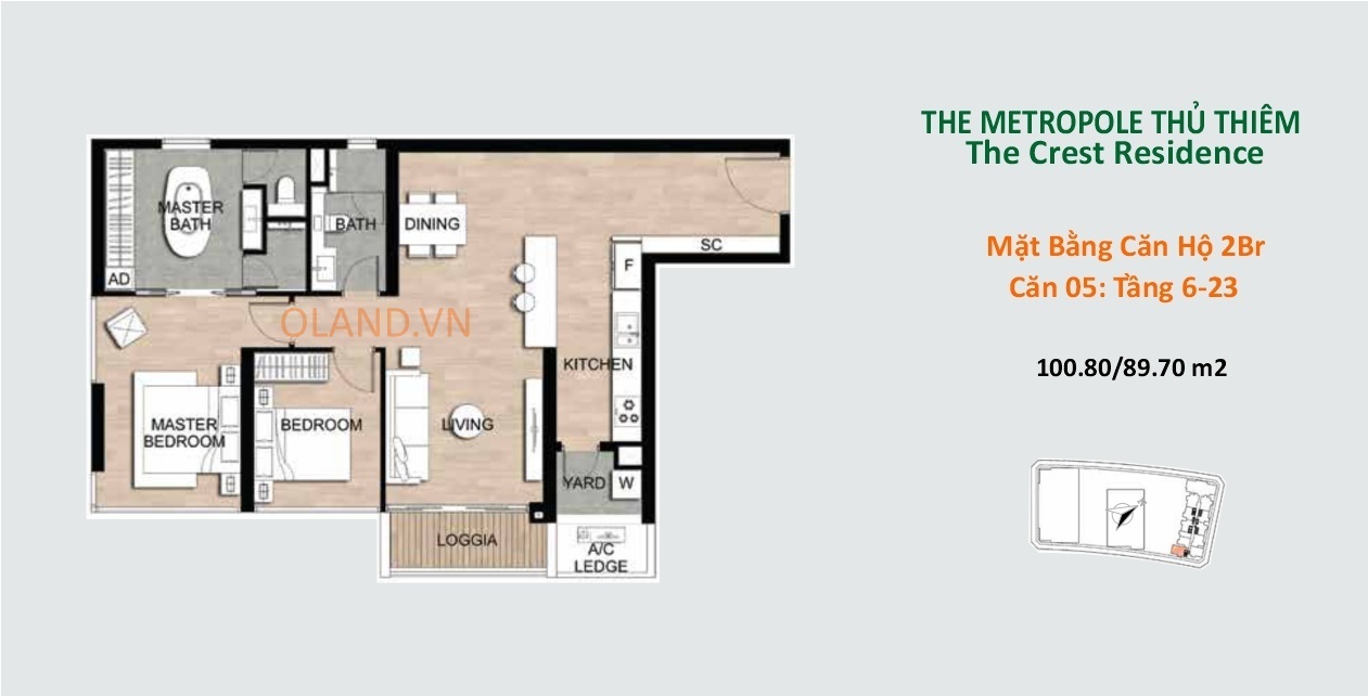 layout mặt bằng căn hộ 2 phòng ngủ metropole thủ thiêm giai đoạn 2 căn 05