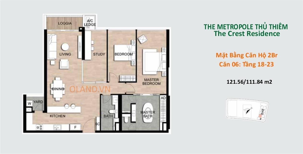 layout mặt bằng căn hộ 2 phòng ngủ metropole thủ thiêm giai đoạn 2 căn 06