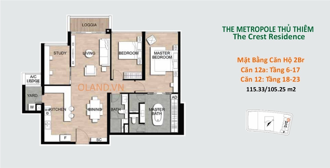 layout mặt bằng căn hộ 2 phòng ngủ metropole thủ thiêm giai đoạn 2 căn 12 và 12a