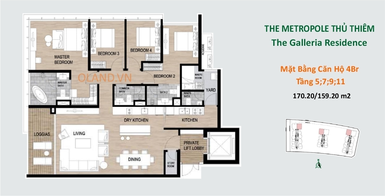 layout mặt bằng căn hộ 4 phòng ngủ dự án metropole thủ thiêm mẫu 2