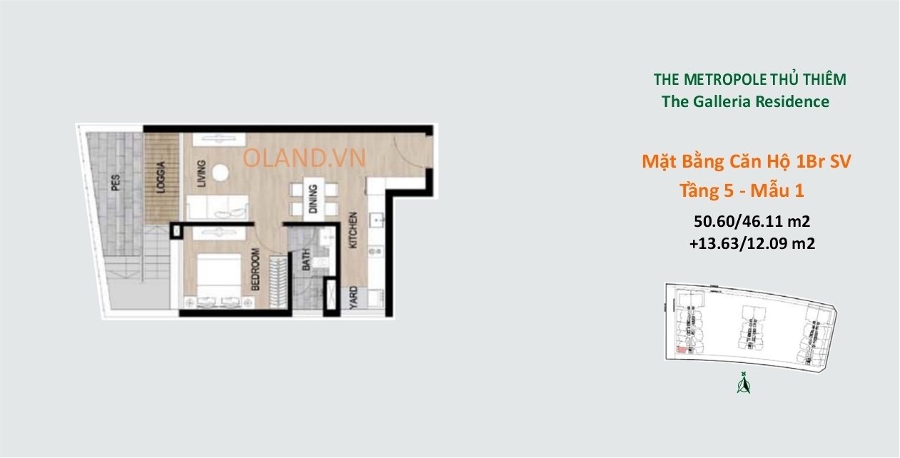 layout mặt bằng căn hộ sân vườn 1 phòng ngủ metropole galleria tầng 5 mẫu 1
