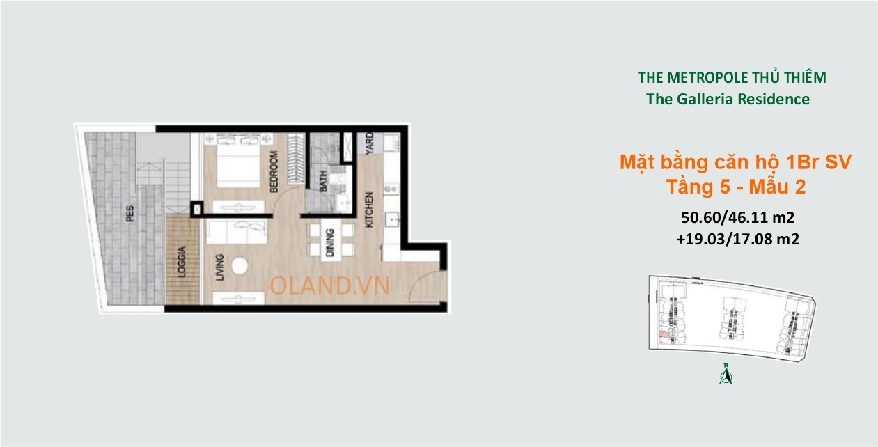 layout mặt bằng căn hộ sân vườn 1 phòng ngủ metropole galleria tầng 5 mẫu 2