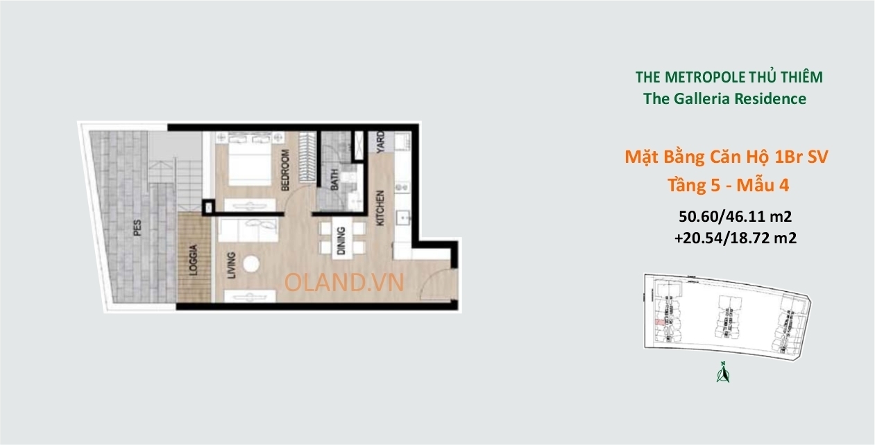 layout mặt bằng căn hộ sân vườn 1 phòng ngủ metropole galleria tầng 5 mẫu 4