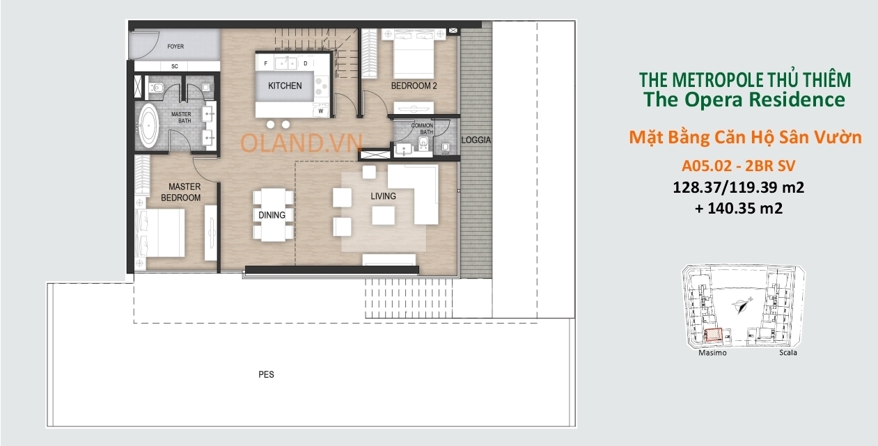 layout mặt bằng căn hộ sân vườn 2 phòng ngủ the opera metropole thủ thiêm quận 2 căn a05.02