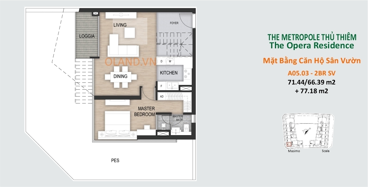 layout mặt bằng căn hộ sân vườn 2 phòng ngủ the opera metropole thủ thiêm quận 2 căn a05.03