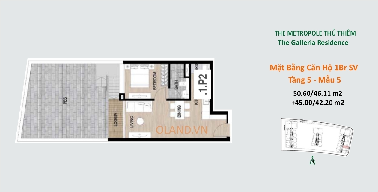 mặt bằng layout căn hộ 1br có sân vờn galleria metropole thủ thiêm mẫu 5