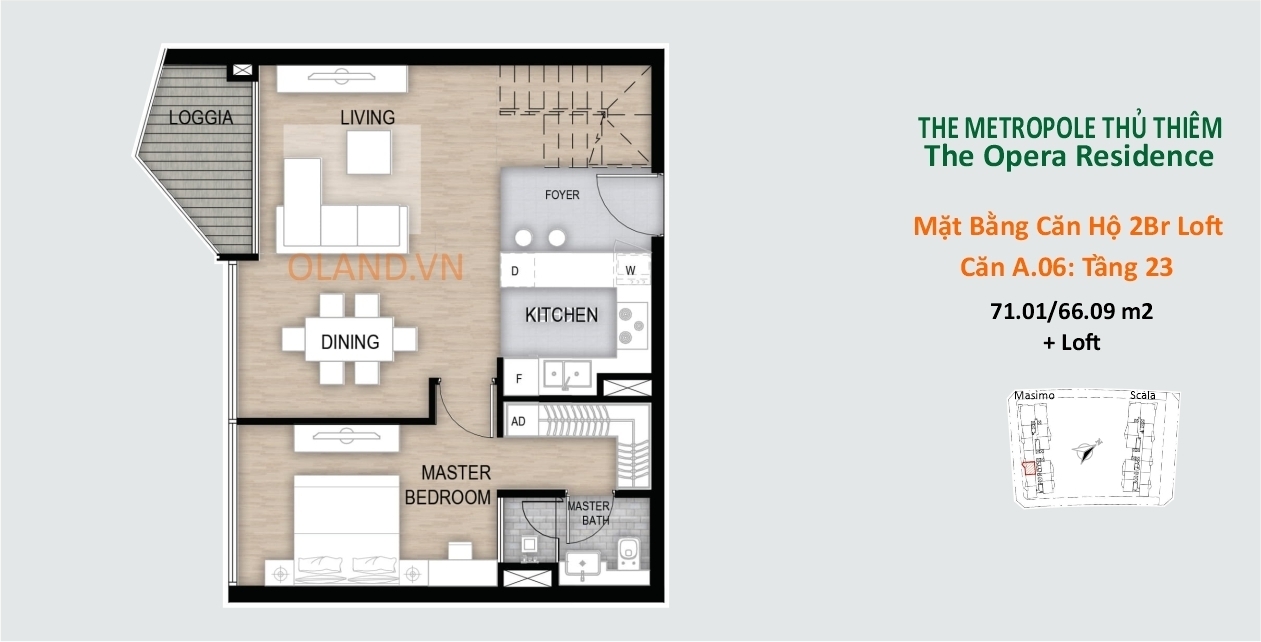 mặt bằng layout căn hộ 2 phòng ngủ loft dự án metropole opera căn a06